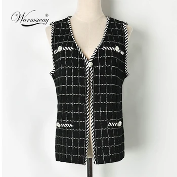 

Black and White Pearl Beaded Open Stitch Vest Sleeveless Coat Women Autumn Casual Plaid Knitwear Outerwear B-185