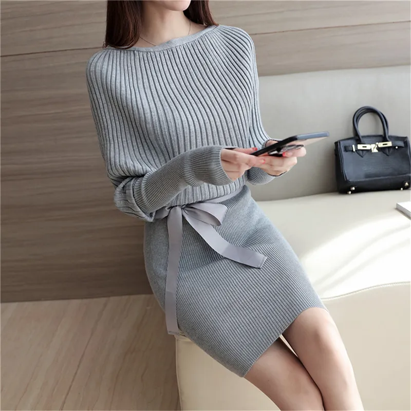2016 de la camisa básica suéter flojo vestido sexy hip Delgado suéter vestido negro gris otoño medio-largo de una sola pieza - 1