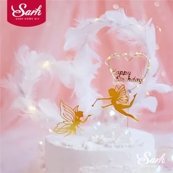 

Fairy Elf Happy Birthday Cake Topper Flower Lace Pearl Mesh Angel Decoration for Children Kid Girl Party Supplies Lovely Gifts