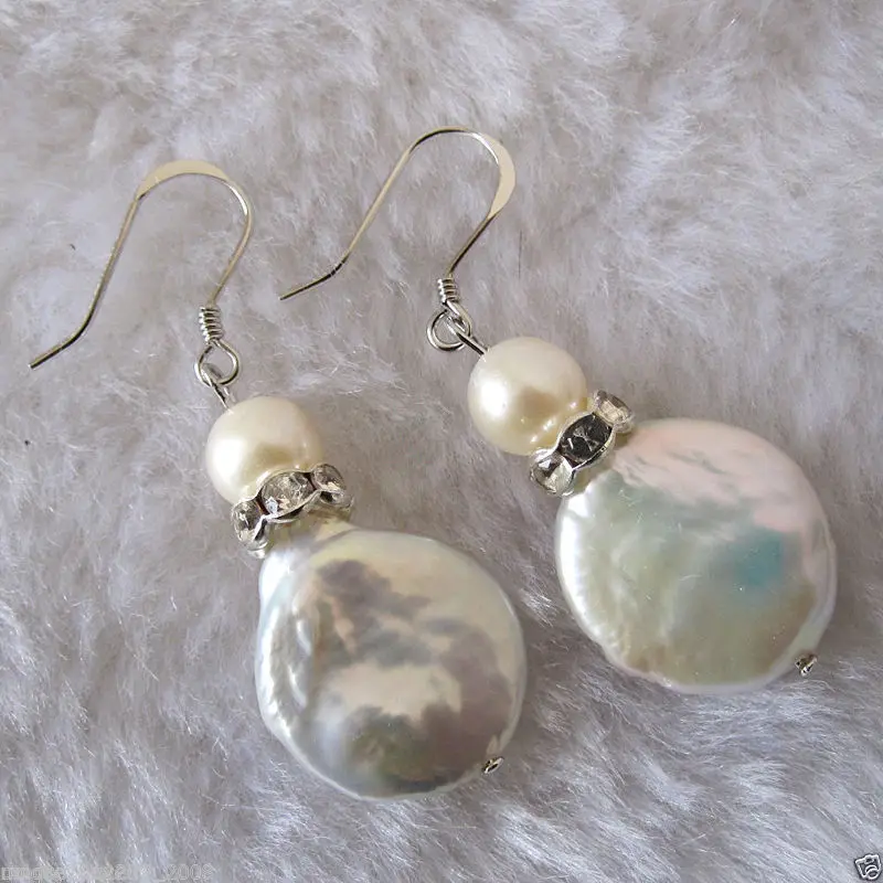 

Free shipping 11-12mm Coin pearl Cultured Freshwater White Pearl Earrings 6.10