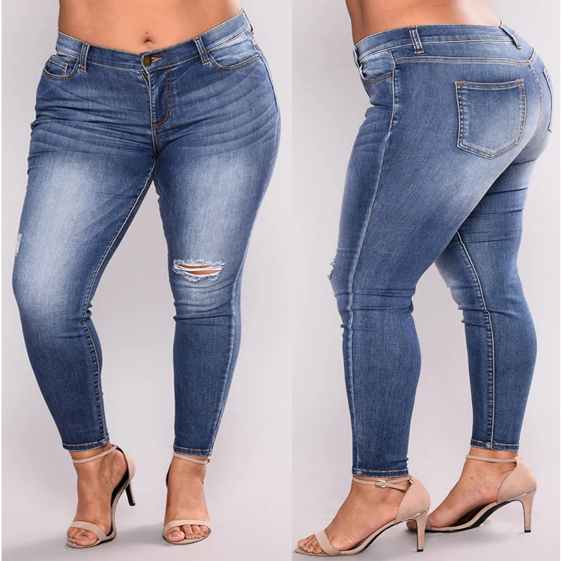 Плюс размер джинсы Для женщин Высокая Талия тощий карандаш Синий джинсовые штаны Для женщин рваные джинсы-варёнки Для женщин 3XL 4XL 5XL 6XL 7XL