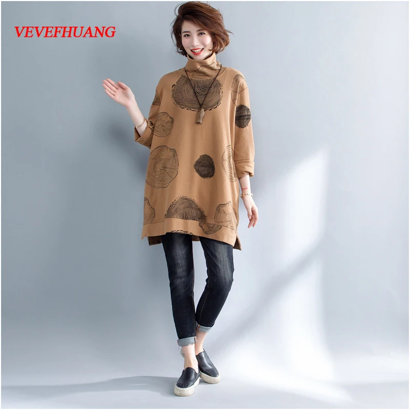 

Spring Autumn Women Fashion Elegant Dots Print Turtleneck Pullover Tops Ladies Female Large Big Loose Stretch T-shirt Plus Size