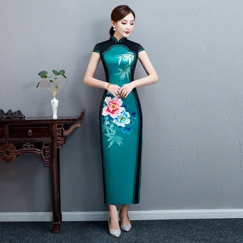 

2019 Vintage Ladies Print Chinese Traditional Long Qipao Slim Classic Mandarin Collar Stage Show Elegant Female Cheongsam M-4XL