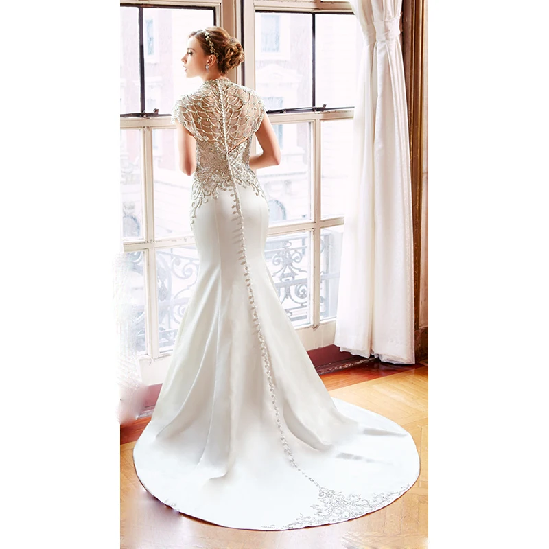Luxury Crystal Beaded Wedding Dress With Train Simple Satin