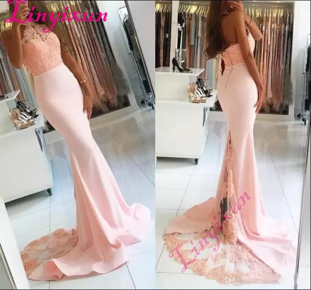 

2018 Mermaid Halter Pink Formal Prom Party Dresses Top Lace Sleeveless African Backless Beads Evening Event Wears Celebrity Gown