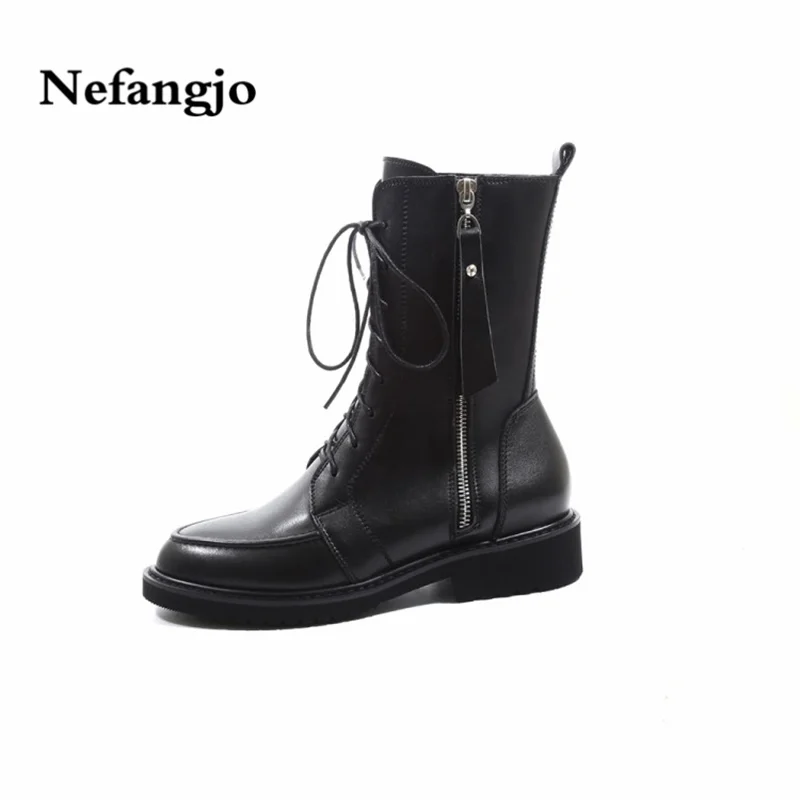 

Nefangjo new bandage for autumn and winter 2018, water-proof platform, zipper strap, middle heel high-tube leather girl boots