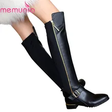 Large size High quality pu+ genuine leather thigh high boots women shoes suqare heel zip over the knee boots fashion long botas