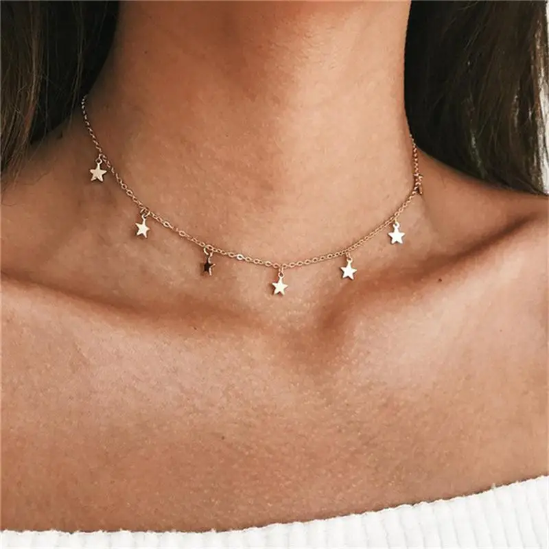 

PJX Necklace Women Choker Golden And Silvery Color Zinc Alloy Star Pendants Collier Chain Collar 2019 New Style Hyy-01