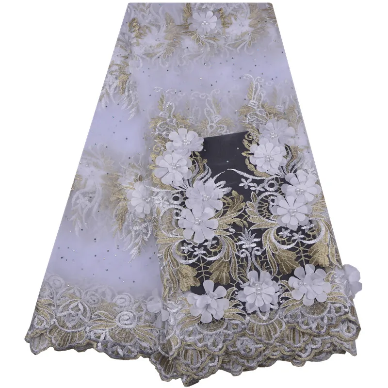 

Latest African white 3d flowers Lace Fabric 2019 High Quality french Lace with beads Nigeria tulle lace For Evening Dress A1312