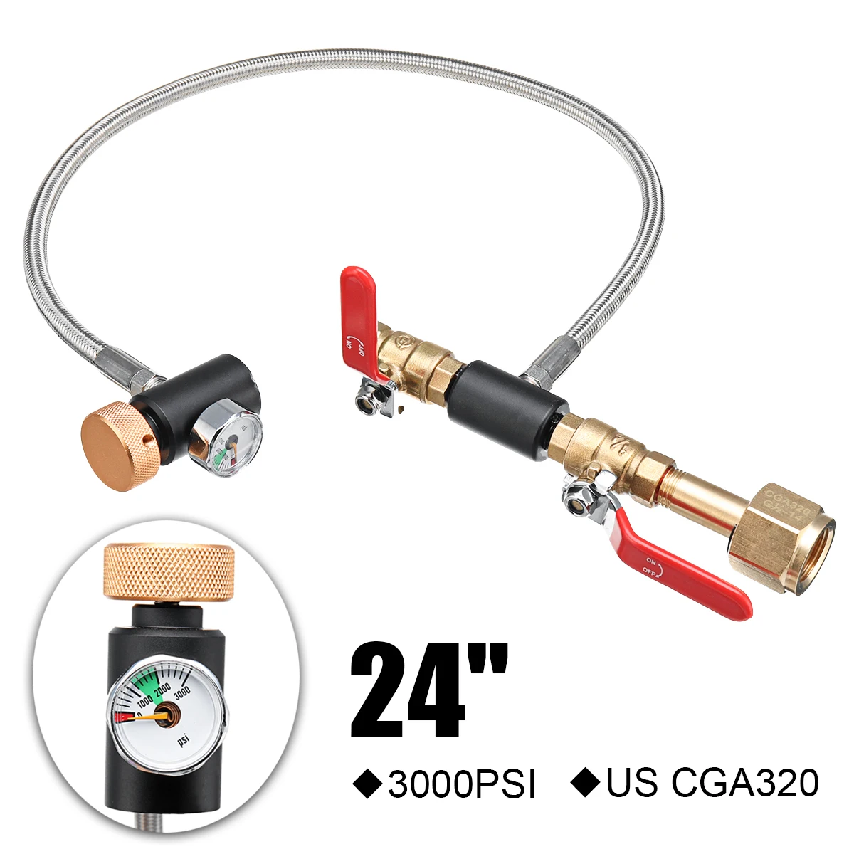 

24 Inch CGA320 High Pressure Hose Switch Valve Lever with Gauge CO2 Fill Station for Fill SodaStream