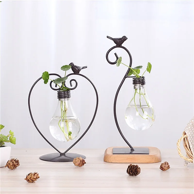 

2 Types Modern Style Glass Tabletop Plant Bonsai Flower Christmas Decorative Vase With Metal Tray Home Decoration Accessories