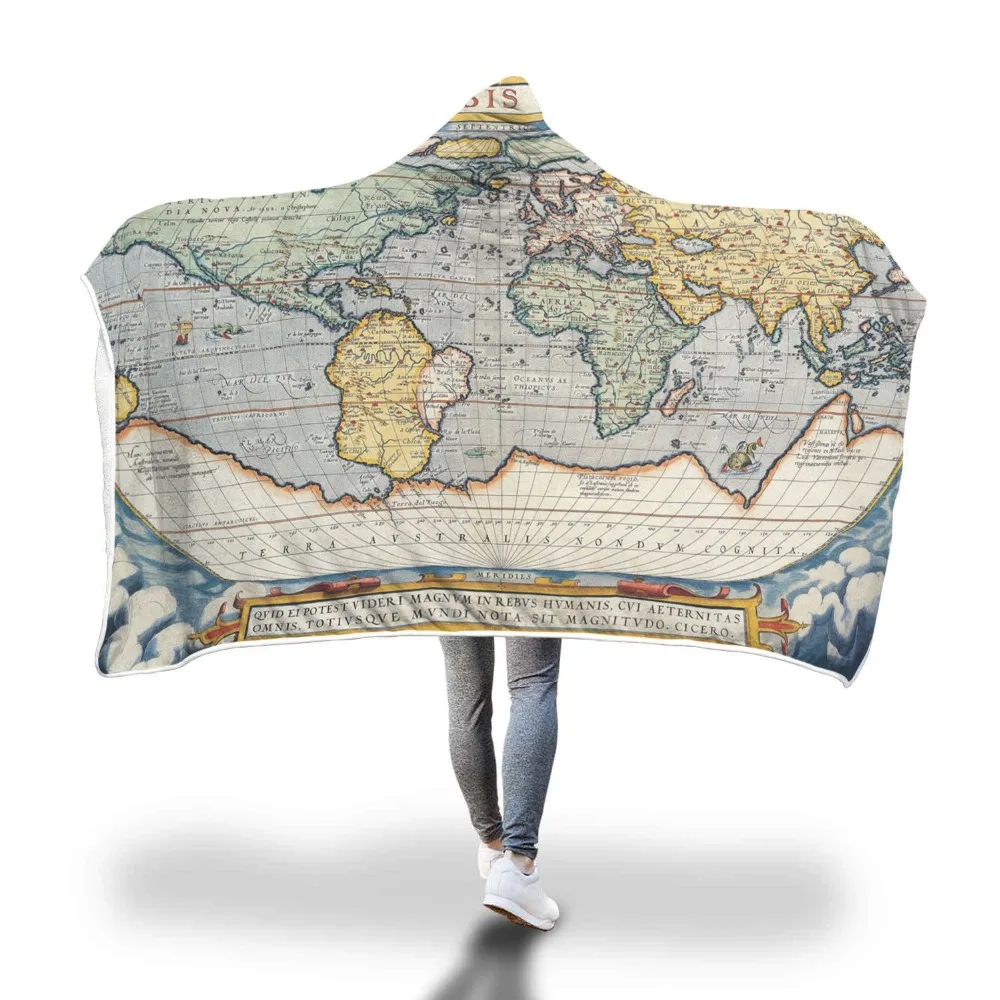 

World Map Printed Hooded Blanket for Adults Kids Sherpa Fleece Wearable Picnic Bed Sofa Home Decor Throw Warm Blankets 150x200cm