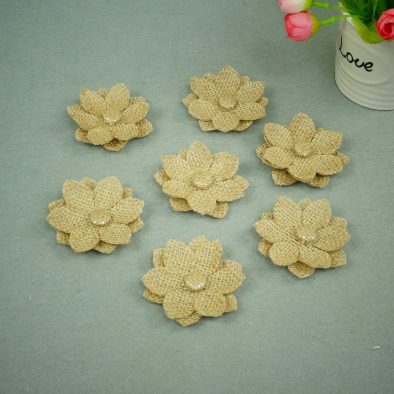 

50pcs 6cm Natural Jute Burlap Hessian Flower Handmade Chrismas Vintage Wedding Decoration new year DIY rustic wedding decor