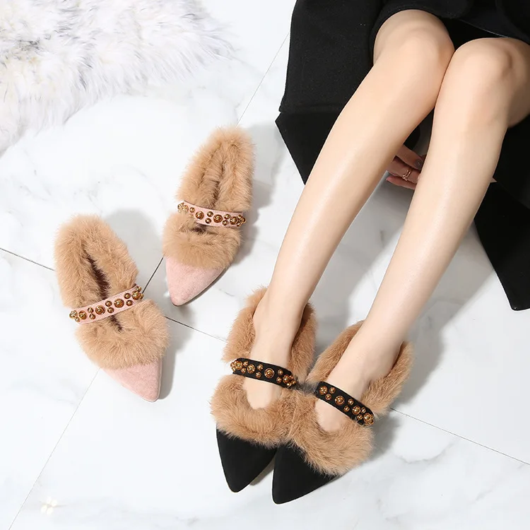 

2019 new fashion simple solid color plush high heel women comfortable rivet decorative square with casual shoes.