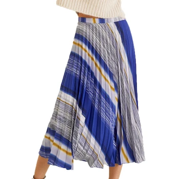 

2019 summer skirts womens casual blue pleated skirt stripe long skirt high waist skirt loose womens clothing