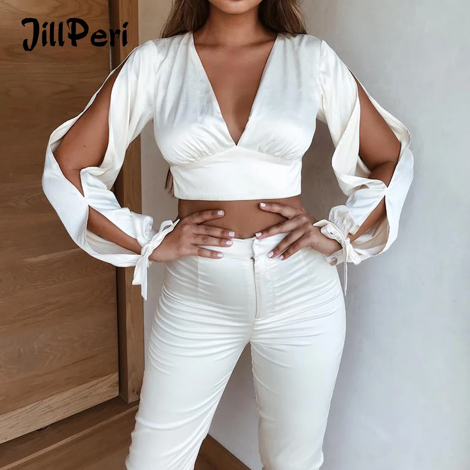 

JillPeri Long Sleeve Tie Deep V Neck Crop Top Women Sexy Backless Open Shoulder Short White Blouses Vacation Wear Casual Shirts