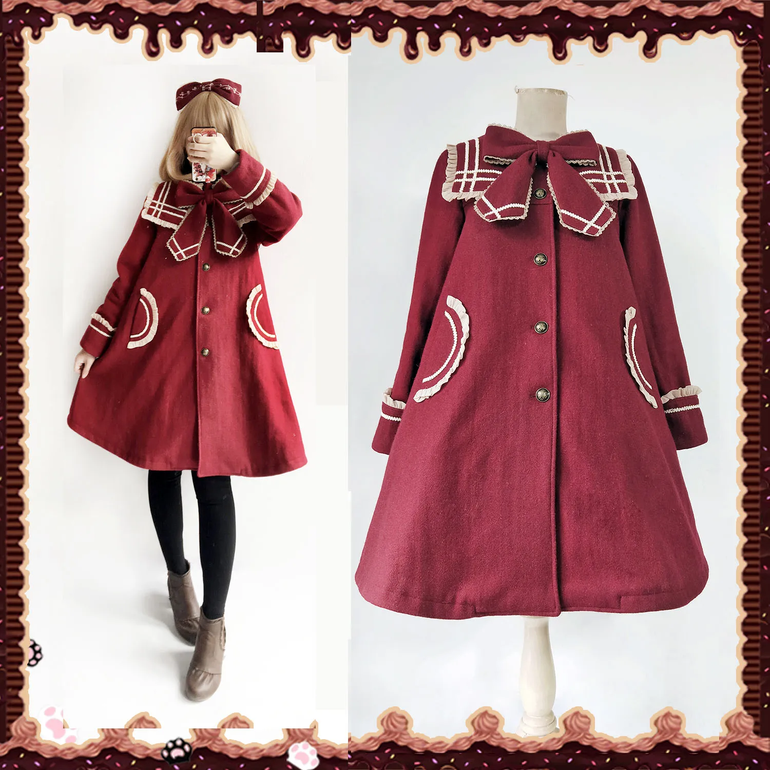 

Cutel Preppy Style Sailor Collar Winter Wool Blend Coat Big Bow Neck Tie Kawaii Lolita Outwear Womens Coats Red & Navy & Black