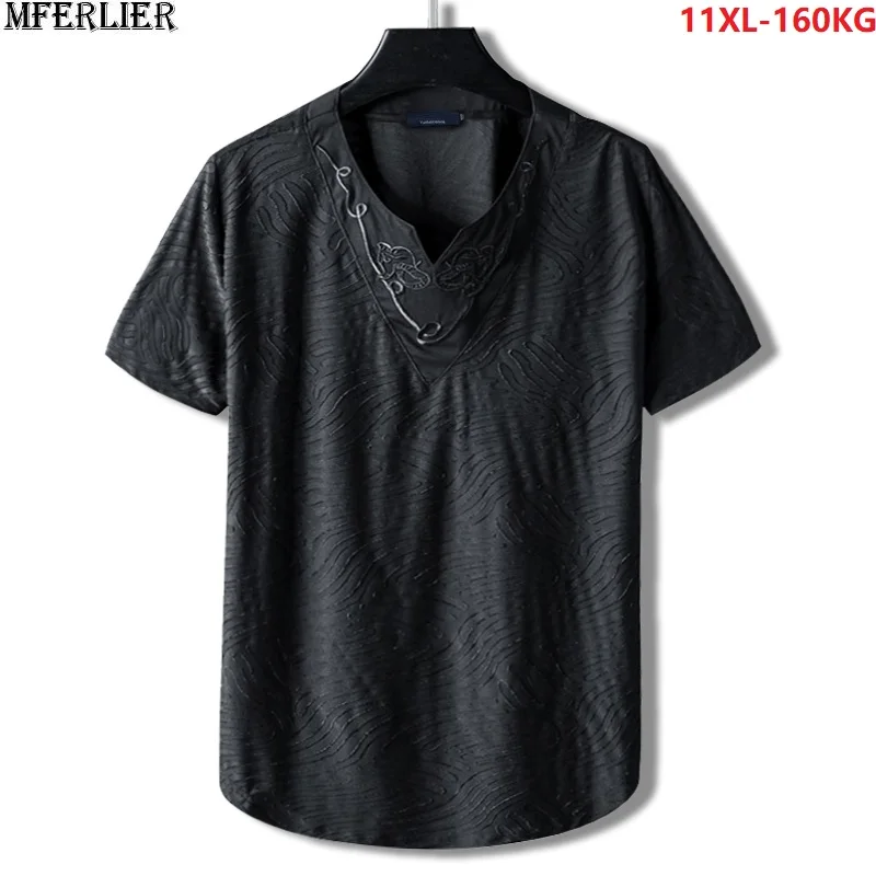 

men plus size big striped t-shirt Chinese style short sleeve tees embroidery summer oversize 7XL 9XL 10XL man v-neck tops tshirt