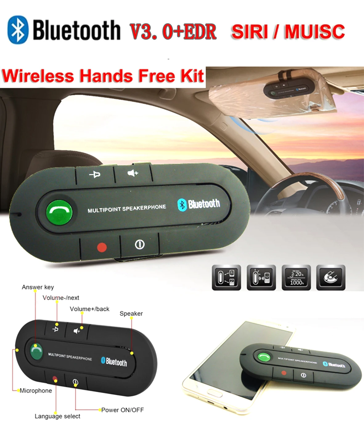 

QHRICE Bluetooth Handsfree Car Kit Wireless Bluetooth Speaker Phone MP3 Music Player Sun Visor Clip Speakerphone with Charger