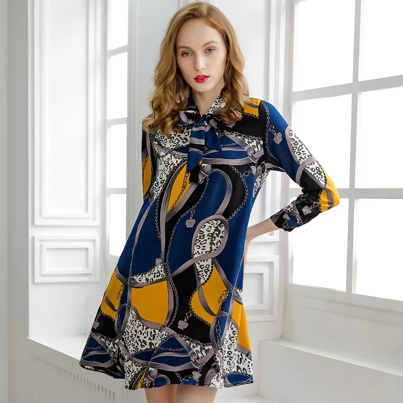 

PIXY Blue Print Midi A Line Dress Women Long Sleeve Bow Loose Summer Short Dresses Korean Ladies vestidos Casual harajuku shein