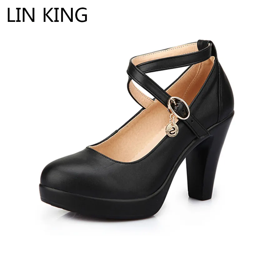 

LIN KING Retro Women Pumps Solid High Heel Platform Pumps Cross Strap Square Heel Single Shoes Casual Lady Business Office Shoes