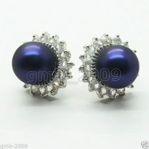 

Hot sale new Style >>>>10mm Dark Blue South Sea Shell Pearl Crystal 925 Strerling Silver Stud Earrings
