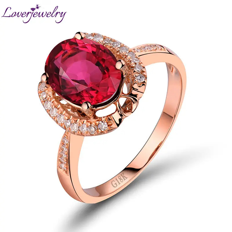 

LOVERJEWELRY Women Ring Oval 7x9mm Solid 18K Rose Gold Natural Pink Tourmaline Engagement Diamonds Ring For Wife Loving Jewelry