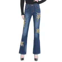 Джинсы женские с высокой талией синие брюки-клеш с вышивкой брюки с колокольчиком внизу стрейч тонкие джинсовые женские джинсы для мам