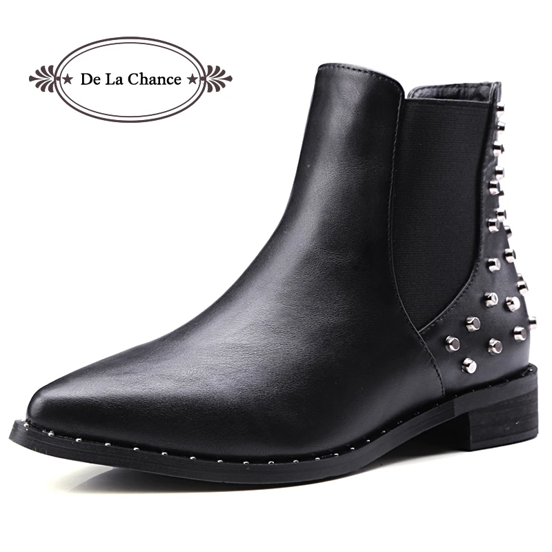 Fashion Wide Fit Leather Studded Ankle Boots Women Winter Chunky Flat Heels Ladies Boot Shoes ...