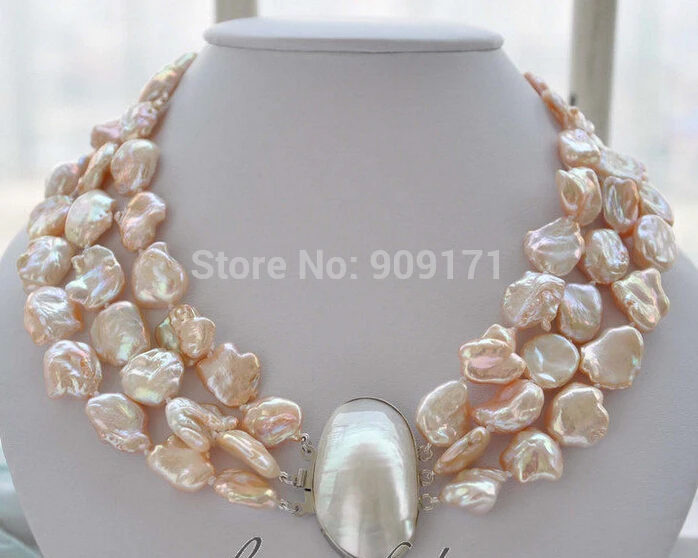 

Free Shipping>>3strands 19mm BAROQUE pink KESHI REBORN PEARL NECKLACE mabe clasp