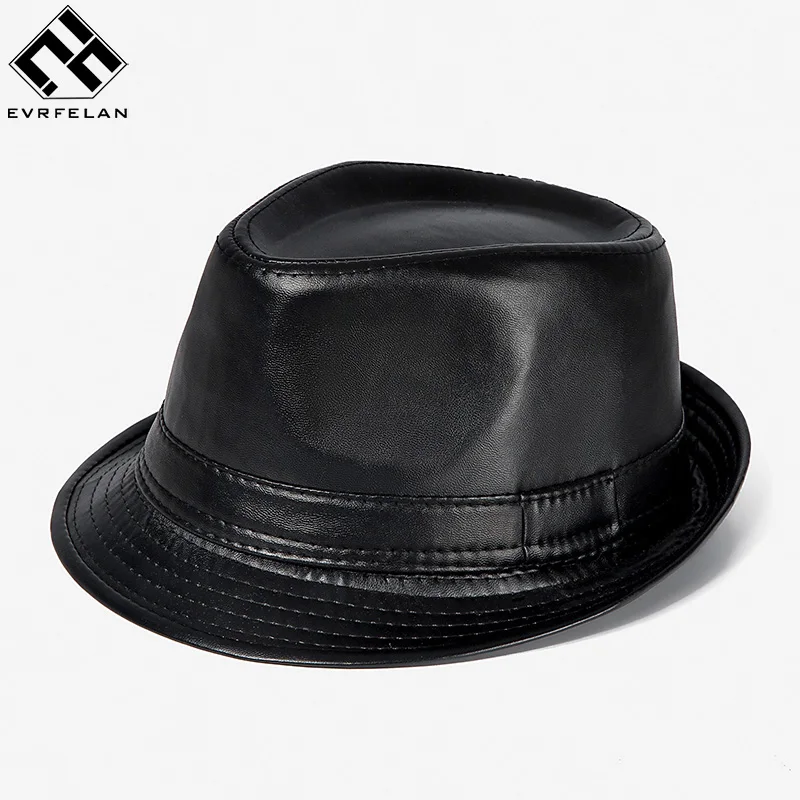 Evrfelan New PU Hat For Men Gentleman Fedoras Men's Smart Black Fedora