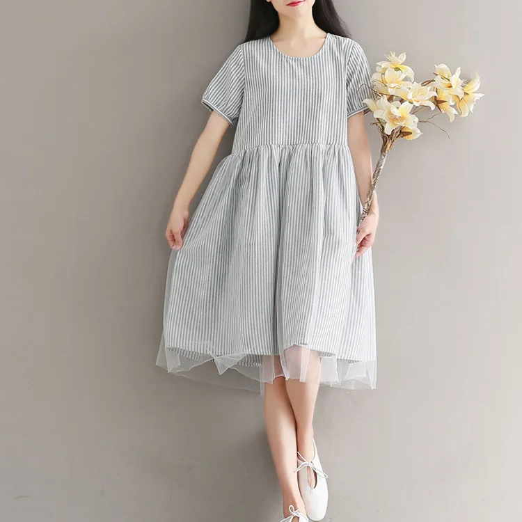 

Summer Casual Striped Dress Women Short Sleeve Cotton Line Loose Net Yarn Patchwork Dresses Robe Femme Mori Girl Mesh Vestido