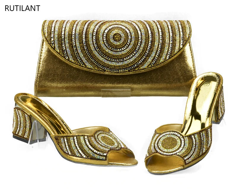 

Gold Color Italian Matching Shoe and Bag Set for Wedding Italian Shoes and Bag Set Decorated with Rhinestone Party Shoes and Bag