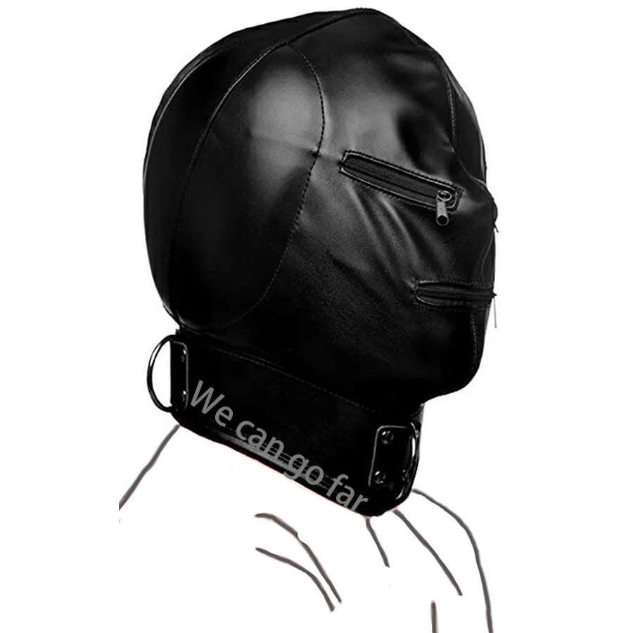 Leather Bondage Hood with Posture Collar and Zippers,Ear padding Mask