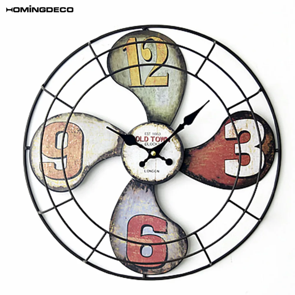 Homingdeco Creative Retro Style Wall Clock Novelty Fan Shape Iron Bedroom Hanging Clock Home