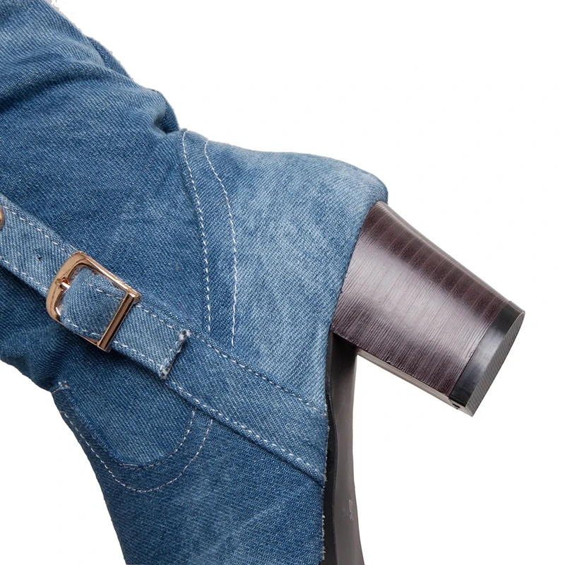 ASILETO/Большие размеры 34-46, зимние ковбойские пинетки в западном стиле на квадратном каблуке, на молнии, с пряжкой, джинсовая обувь сапоги до середины икры женские ботинки с острым носком