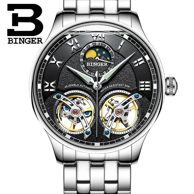 Швейцарские часы Бингер, оригинальные мужские автоматические часы, модные двойные турбийоны, мужские механические наручные часы с кожаным ремешком - Цвет: Steel Black Silver