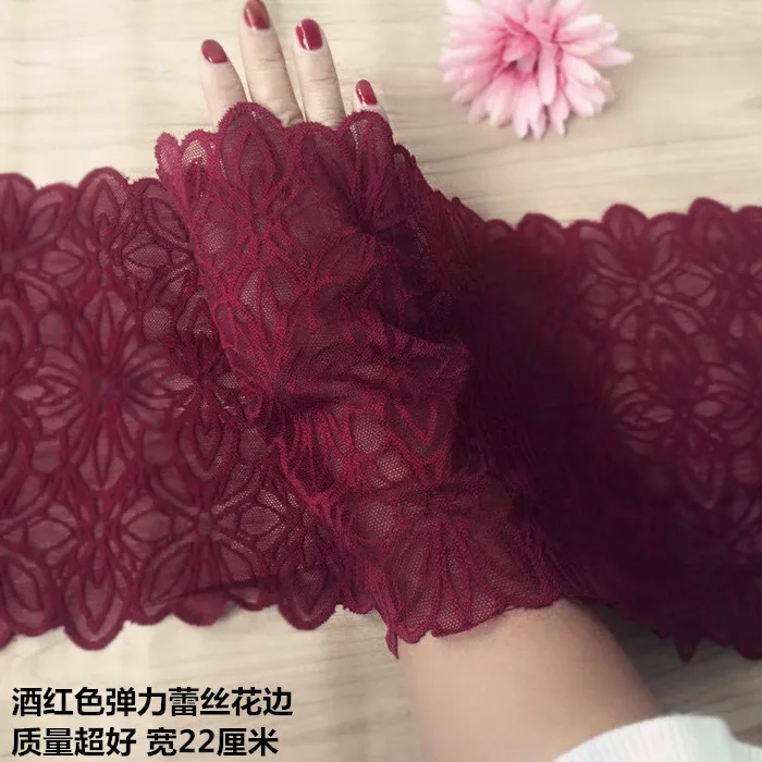 

5yards/lot Acrylic knitted elastic lace, floarl stretch lace trim fabric high quality wine red lace width 22cm