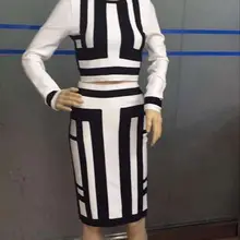 Высококачественные Новые черные и белые жаккардовые с длинным рукавом 2 шт бандажные платья осенние платья платье+ костюм