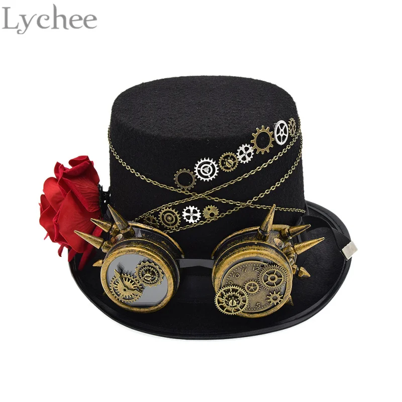 

Lychee European Vintage Women Steampunk Hat Rose Top Hats With Goggles Vintage Retro Cosplay