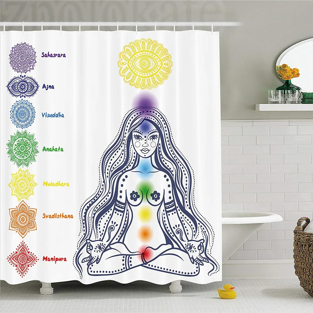 

Chakra Decor Shower Curtain, Set of Ornatel Indian Chakra Icons with Meditating Figure in Yoga Pose and Sign, Fabric Bathroom De