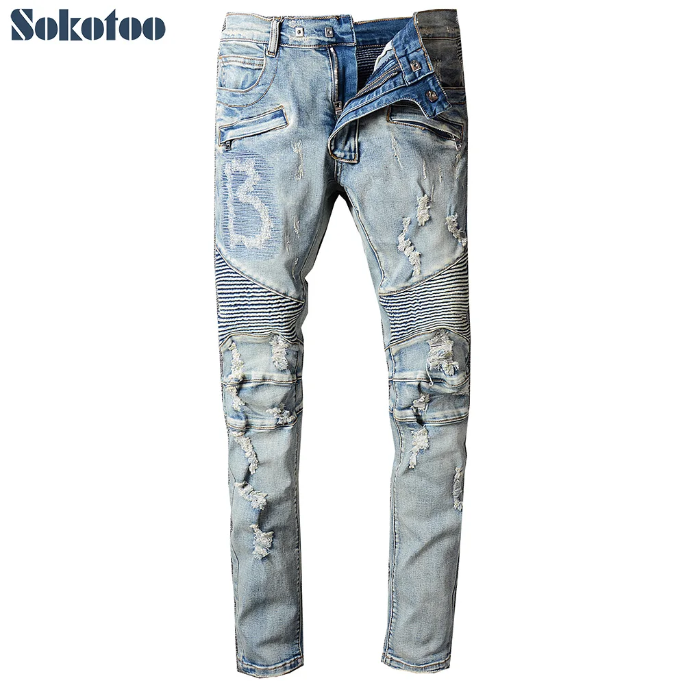 

Sokotoo Men's vintage light blue holes ripped biker jeans for motorcycle Casual pleated torn stretch denim slim pants