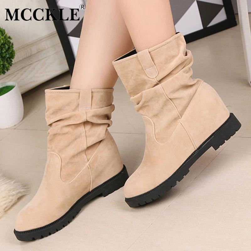 

MCCKLE Woman Slip On Style Ankle Boots Ladies Thick Heel Platform Autumn Flock Plus Size Casual Increased Internal Shoes