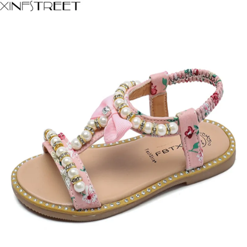 Xinfstreet Baby Girls Sandals Kids Summer Shoes T Strap Pearls Cute Bow
