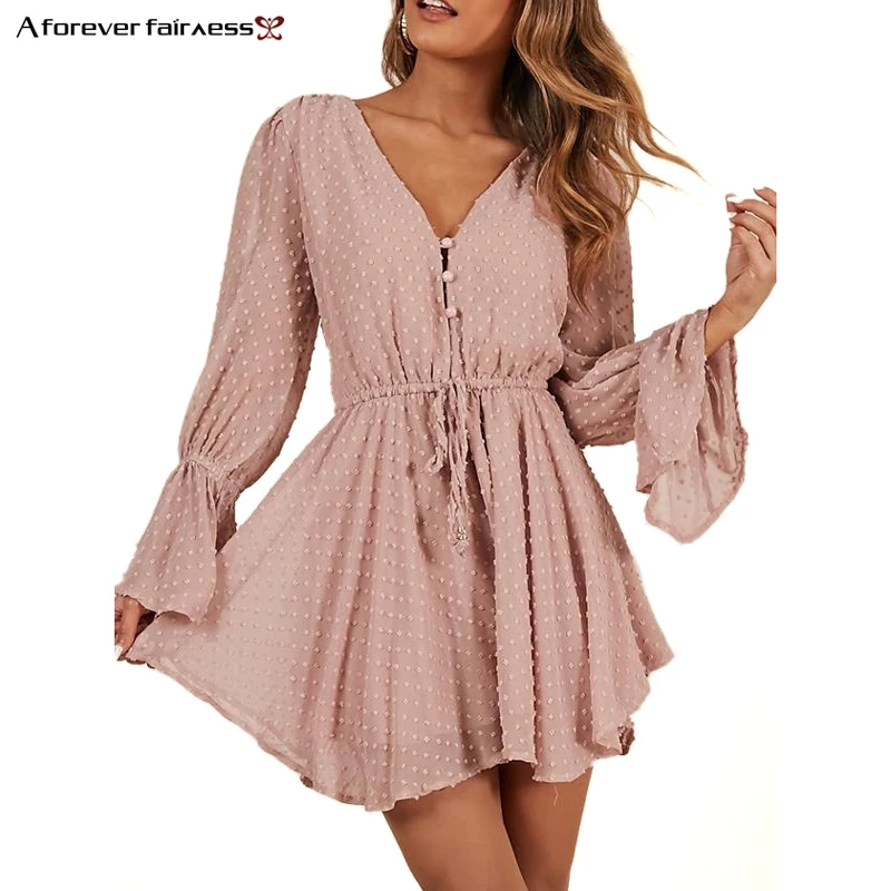 

A Forever Fairness Summer News Loose Playsuits For Women Flare Long Sleeve Sexy V-Neck Chiffon Rompers Fashion Shorts M-1041