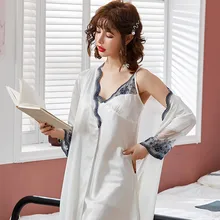 Новая атласная пижама, Женская Сексуальная кружевная ночная рубашка, комплект из 2 предметов, домашняя одежда принцессы, комплект для отдыха, nuisette femme de nuit sexy