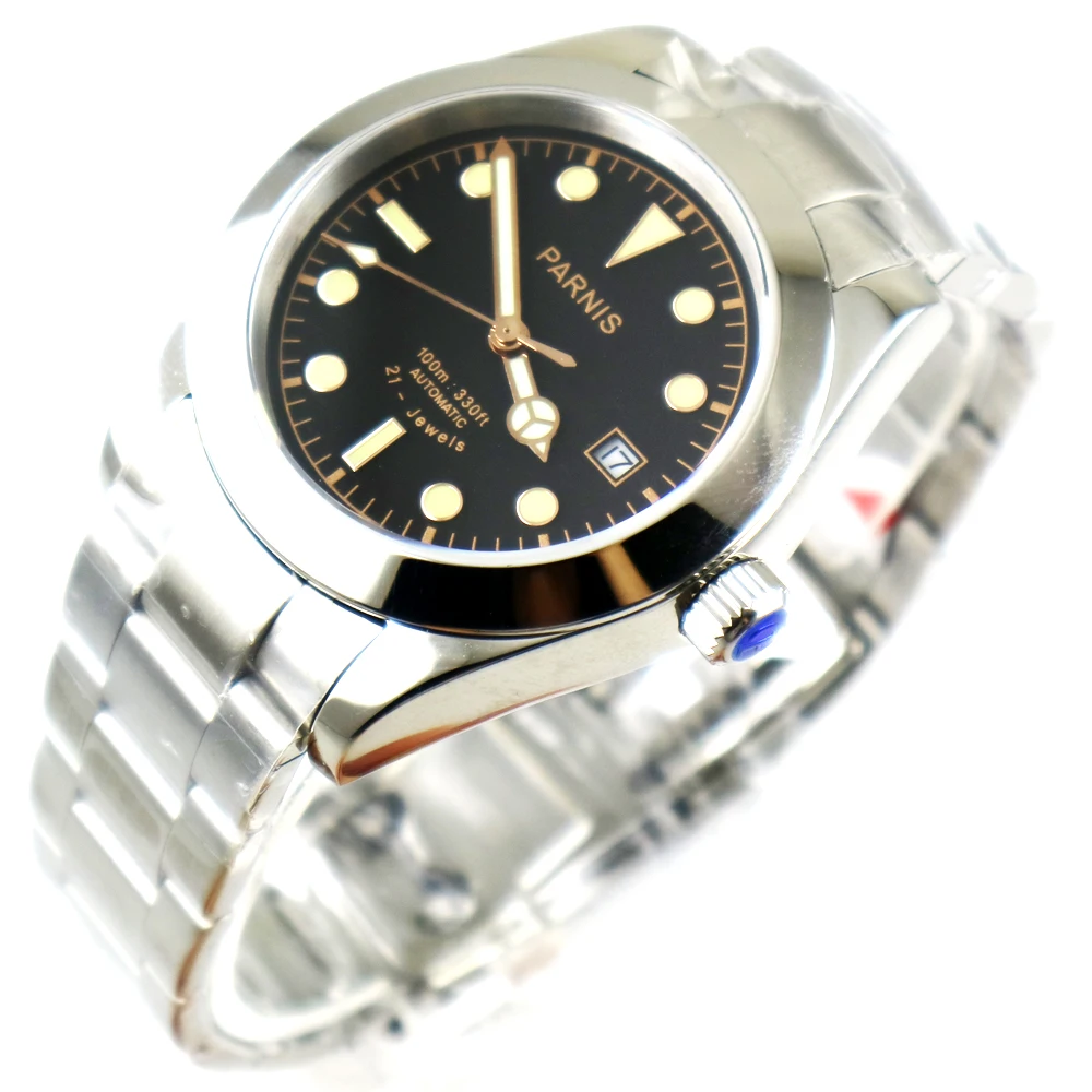 

40mm Parnis Black Dial Men Military Sapphire Glass Luxury Brand Stainless steel Date Automatic Movement men's WristWatch