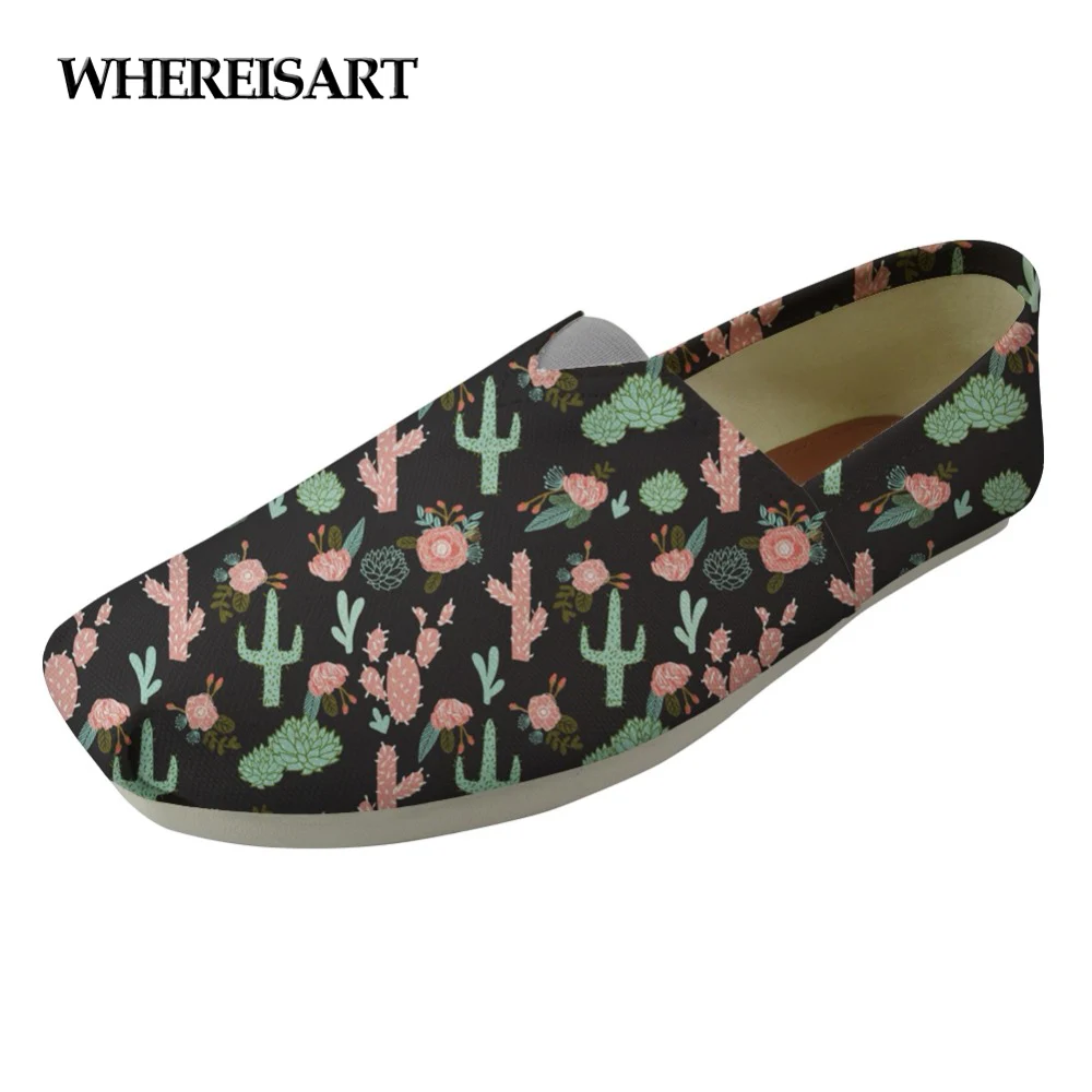 

WHEREISART Cactus Flowers Pattern High Quality Women Flats Shoes Casual Women's Sneakers Super Light Female Canvas Lady Shoes