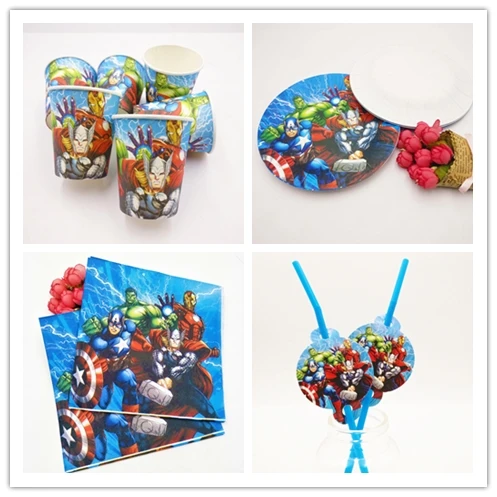 

50pcs/set Avenger Theme Party Supplies Tableware Plate Cup Napkin Straw Birtday Party For Kids Shower Favor Party Decoration