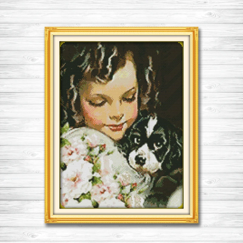 

Dog and girl pattern print on fabric DMC 14CT 11CT Cross Stitch Set embroidery needlework kit lovely baby Home Decor crafts DIY